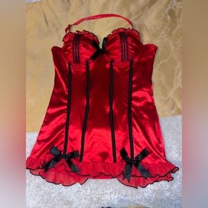Satin red and black boned corset